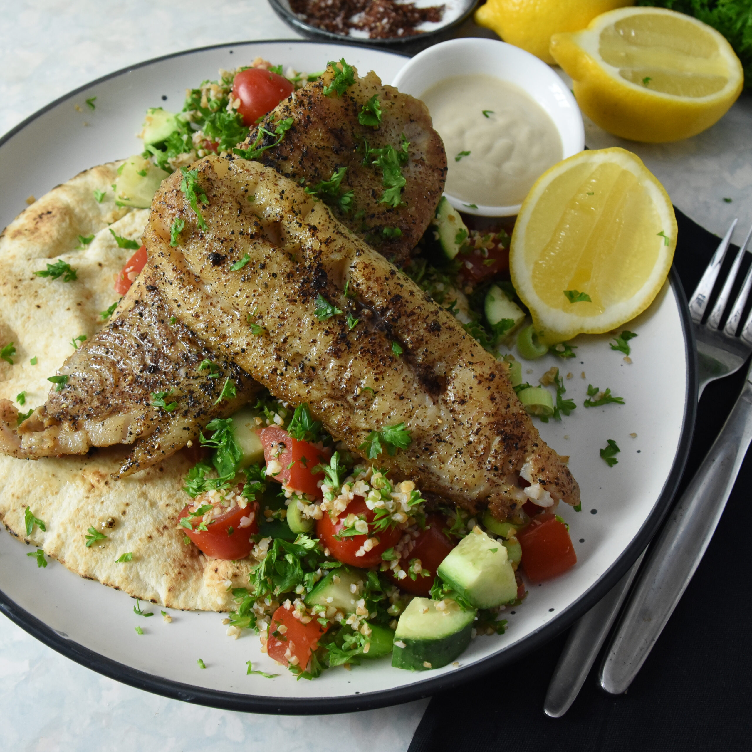 Sumac Spiced Fish Fillet and Tabbouleh Salad Alamir Bakery