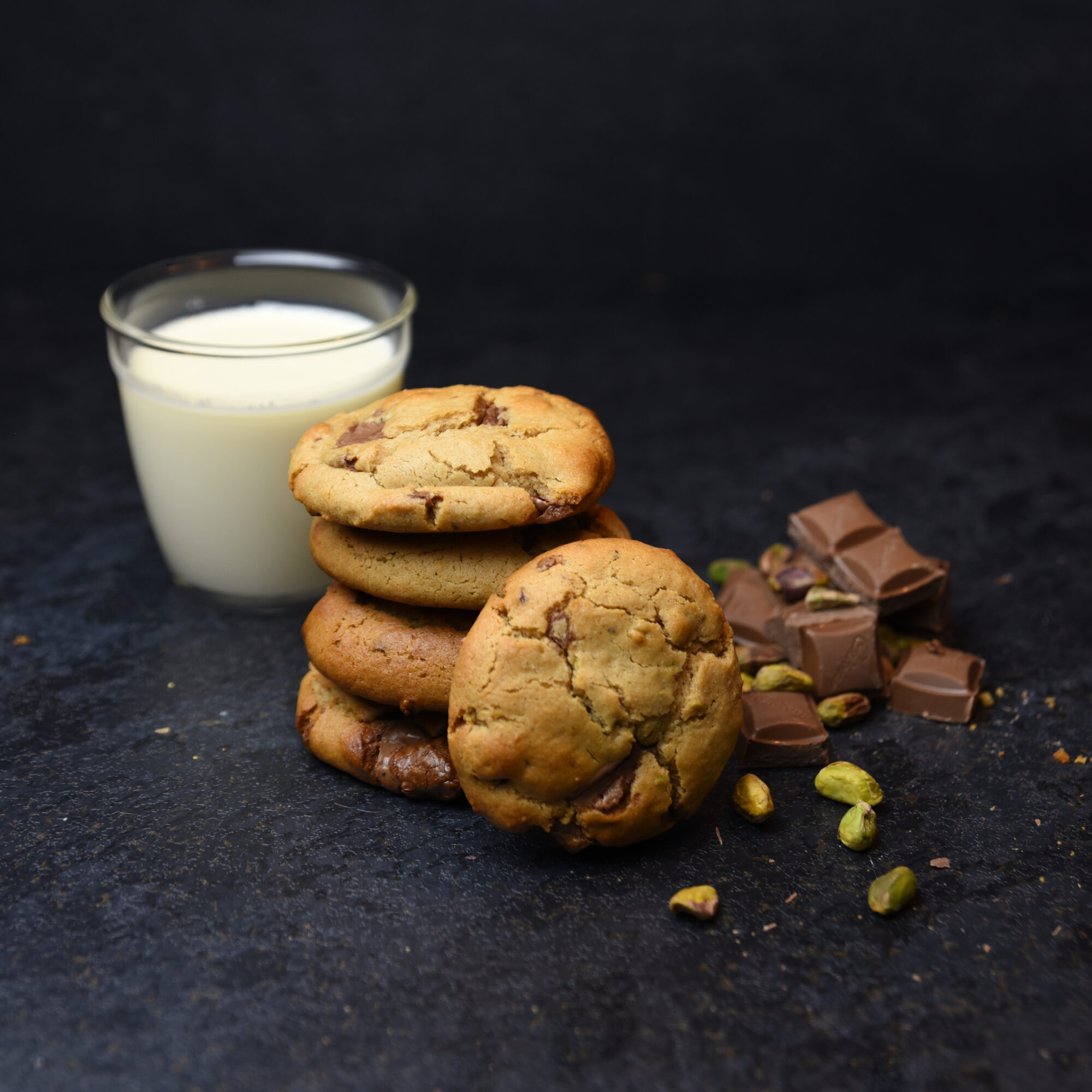 Warm chocolate chunks, nutty tahini flavour and chopped pistachios in a fresh home-made biscuit